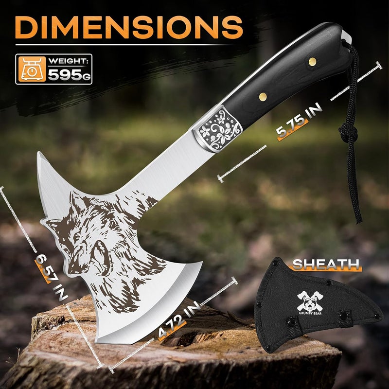 GRUMPY BEAR Camping Hatchet with Wolf Carving, Full Tang Outdoor Axe with Decorative Handle, Durable Forged Blade for Hiking, Bushcraft, and Survival - Image 5